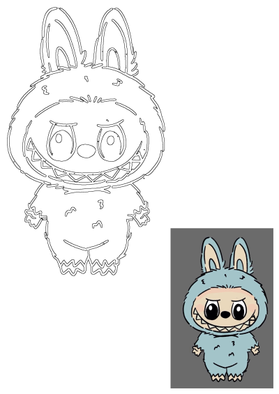 Cute monster rabbit cartoon illustration. A furry light blue creature with big eyes, bunny ears, and a wide, toothy grin.