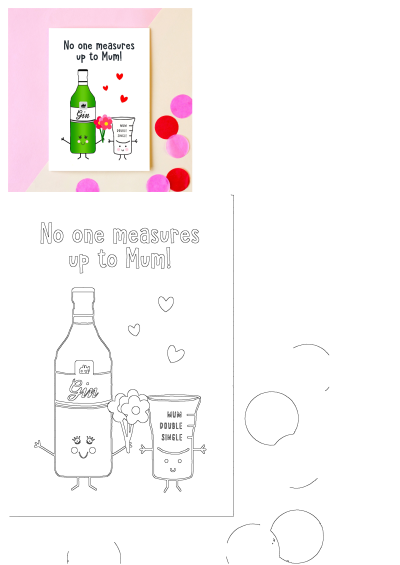 Funny Mother's Day card with a gin bottle and measure glass characters. Humorous pun: 'No one measures up to Mum!'