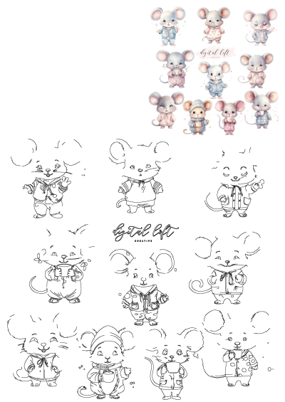 Cute watercolor and line art mice in pajamas clipart bundle, perfect for nursery decor and various creative projects.