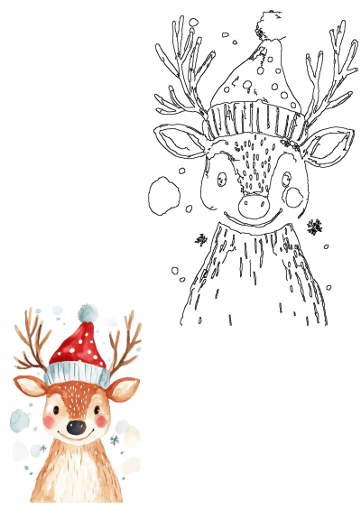 A charming watercolor illustration of a reindeer in a red Santa hat with snowflakes, alongside a black and white outline for creative play.