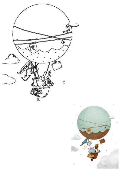 This whimsical travel hot air balloon adventure depicts two characters flying with luggage and flags among clouds.