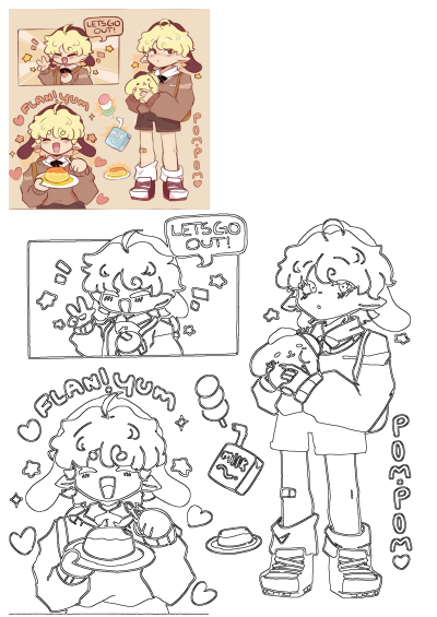 Cute blonde anime character with flan and Pompompurin plush. Features original illustration and line art with 'Let's Go Out!' text.