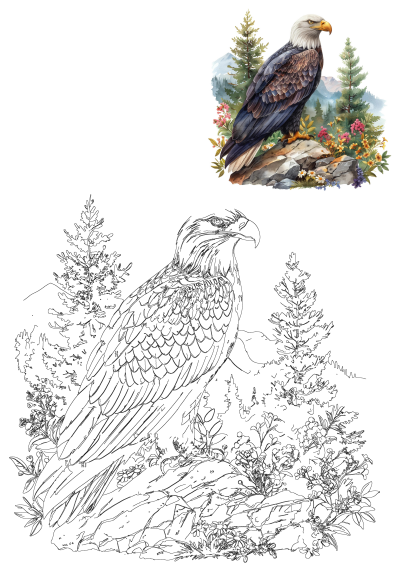 A vibrant watercolor of a bald eagle perched on a rock with mountains, trees, and flowers, paired with its detailed outline version for coloring.