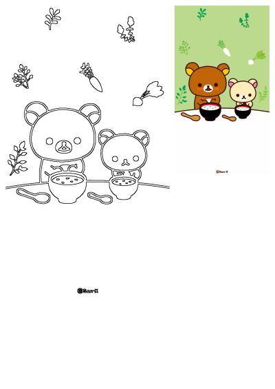 Rilakkuma and Korilakkuma bears eating from bowls, with vegetables in the background. Features both a colored version and an outline drawing.