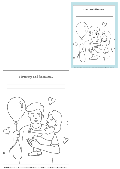 Smiling father holding daughter, balloon, and hearts. 'I love my dad because...' activity. Kids can write and color this heartwarming scene.
