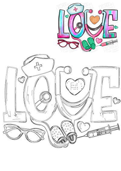 Vibrant and outline artwork spells LOVE with nurse cap, stethoscope, syringe, glasses, and crocs, celebrating dedicated healthcare heroes.