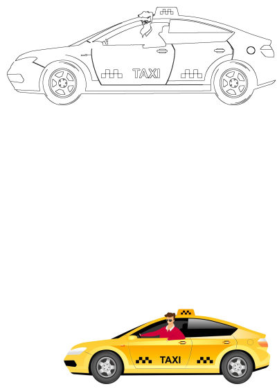 Vibrant yellow taxi cartoon with a driver wearing sunglasses and on the phone. Includes an outline for versatile design use.