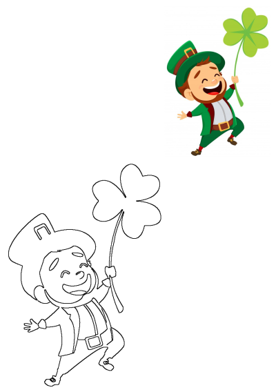 A happy cartoon leprechaun holding a lucky four-leaf clover for St. Patrick's Day, depicted in both vibrant color and outline form.