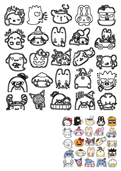 An assortment of cute Halloween-themed cartoon character stickers and their black outline drawings on a white background.