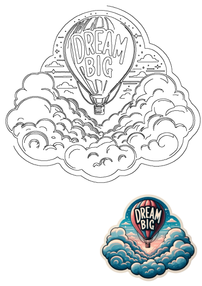 Line art of a hot air balloon with 'DREAM BIG' text on its side, floating high above a dense layer of fluffy clouds, inspiring ambition.