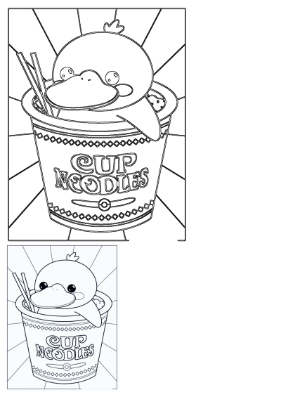 This printable outlines Psyduck happily sitting in a cup of noodles, complete with chopsticks and a radial background, available free.