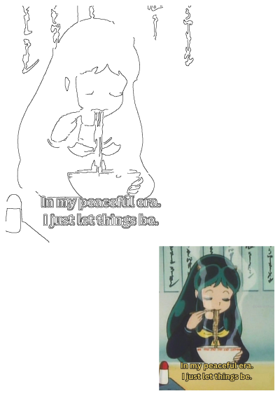 Anime girl happily eating ramen noodles with chopsticks, featuring the quote 'In my peaceful era. I just let things be.'