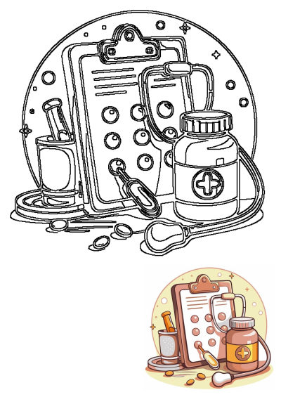 Medical cartoon outline illustration of a clipboard, stethoscope, medicine bottle with a cross, scattered pills, and other health tools.