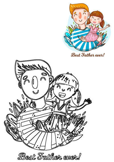 A vibrant Father Daughter Hug Best Father Ever illustration showing a dad and his daughter, plus a line art version for creative use.