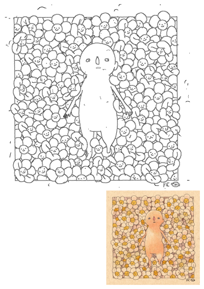 Felicia Chiao's original drawing features a whimsical character surrounded by a field of smiling daisy flowers in an animated art style.