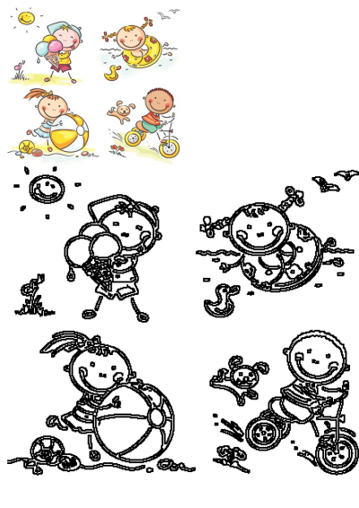 Happy cartoon children enjoying summer fun and beach activities. They are eating ice cream, swimming, playing with a ball, and riding a tricycle.