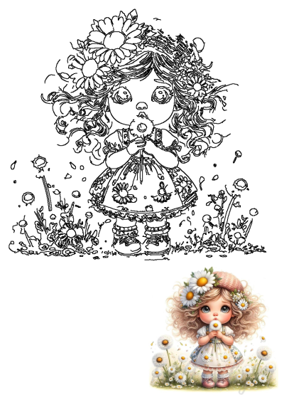 Adorable daisy flower girl, a cute cartoon child with curly hair and a flower crown, holding a daisy in a field.