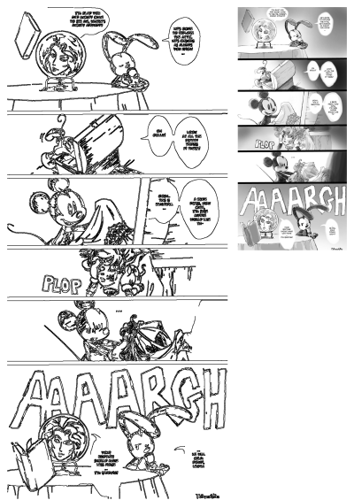 Epic Mickey comic: Mickey Mouse finds Emily in an attic trunk after discovering a wedding dress, causing a loud scream and startling Oswald.