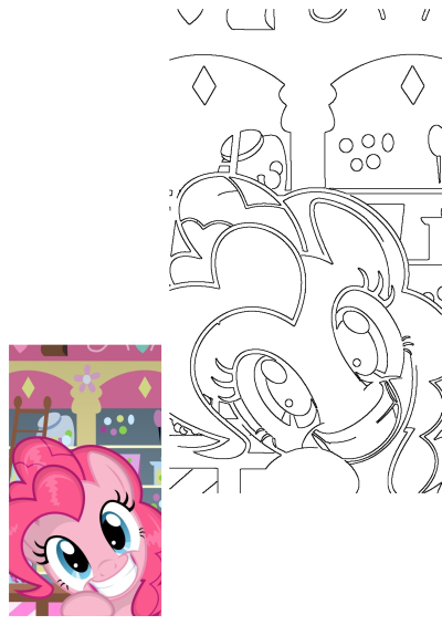 Pinkie Pie, the cheerful My Little Pony character, smiles broadly with big blue eyes. Vibrant image alongside a related line art outline.