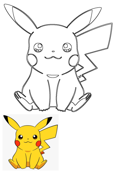 Cute sitting Pikachu Pokemon character illustration, featuring a large black and white outline and a small colored version.