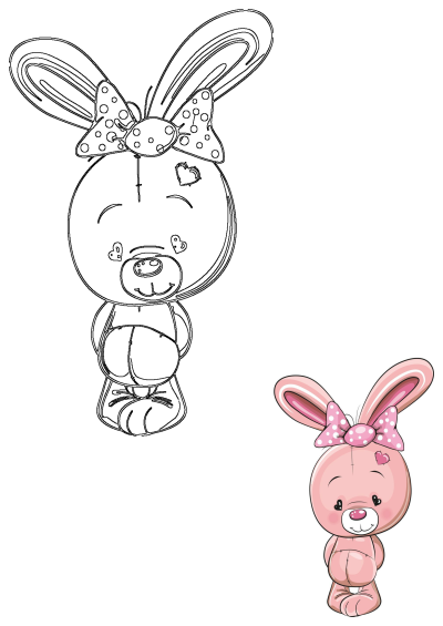 A cute pink bunny with a polka-dot bow sitting, along with its matching black outline drawing on a clean white background.