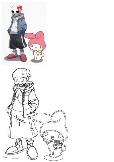 Cartoon Character Sans Undertale with animated bunny My Melody. Sans wears a bow; My Melody holds flowers in this charming crossover art.