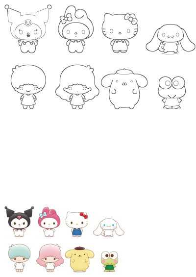 Hello Kitty and Sanrio friends in cute poses, featuring outlines and vibrant colored versions of popular characters.