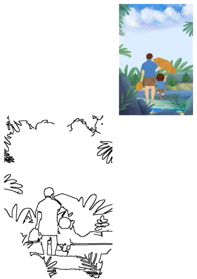 An illustration of a father and son holding hands while walking through a stream with an umbrella in a lush, green setting.