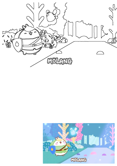 Molang the rabbit hero, dressed in a green tunic, shield, and pan flute, explores a whimsical forest with a glowing fairy companion.