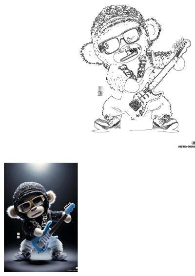 Vibrant illustration and black outline of a cool monkey rockstar in sunglasses, beanie, gold chain, playing an electric guitar.