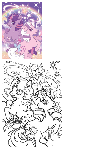 Vibrant cartoon illustration depicting a purple unicorn pegasus and a pink pony pegasus, surrounded by a magical rainbow and sparkling stars.