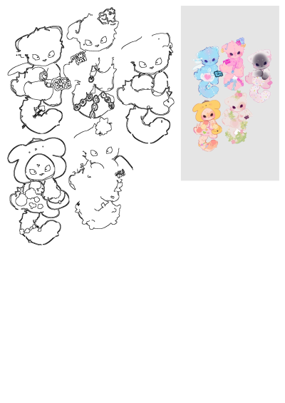 Cute Milki Purr plushie character designs showcasing colorful illustrations and detailed black outline sketches of adorable creatures.