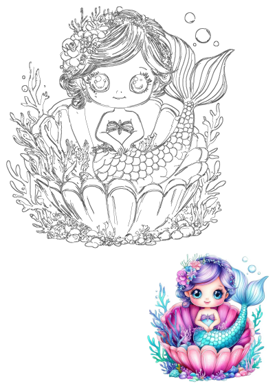 Adorable chibi mermaid with purple hair, blue eyes, sitting in a vibrant pink shell, surrounded by colorful coral and bubbles.