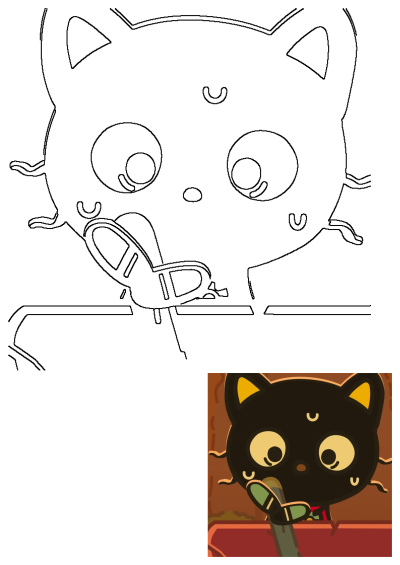Cute black cartoon cat with big expressive yellow eyes and a moon symbol, playfully holding a knife.