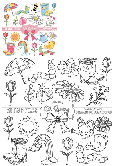 A vibrant spring clipart set with colorful illustrations and black outlines of flowers, rain boots, umbrellas, bugs, rainbows, and sunshine.