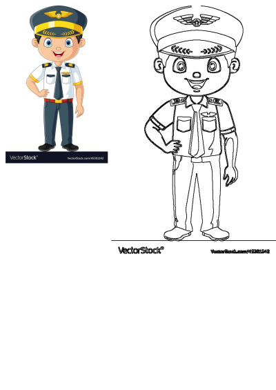 A smiling cartoon pilot in a detailed uniform, ready for aviation. The image includes a vibrant colored version and a clear outline.