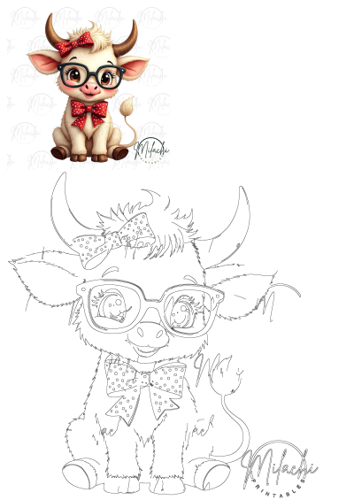 Vibrant and adorable Highland cow clipart wearing trendy black glasses and red polka dot bow ties, also includes an outline drawing for crafts.