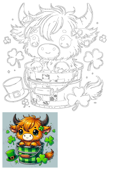 Cute St. Patrick's Day Highland cow illustration sitting in a festive shamrock bucket with clovers and a leprechaun hat.