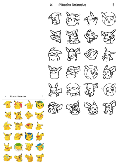 A delightful set of Pikachu Detective stickers in various expressions and poses, including sad, happy, and magnifying glass poses, plus outline versions.