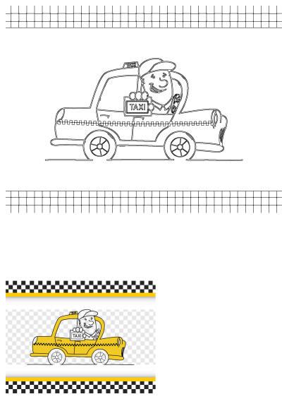 Cartoon taxi cab drawing with a friendly driver in a cap. Features both a black-and-white outline and a vibrant yellow version with 'TAXI' signs.