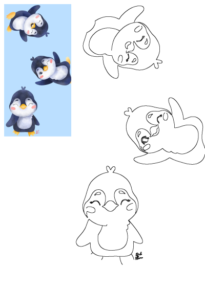 Cute watercolor cartoon penguins with happy expressions on light blue, plus simple line art outlines for design or activities.
