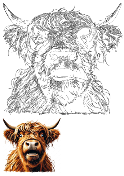 Rustic Highland cow art featuring a detailed brown fur illustration and a minimalist black outline design, perfect for farm animal projects.