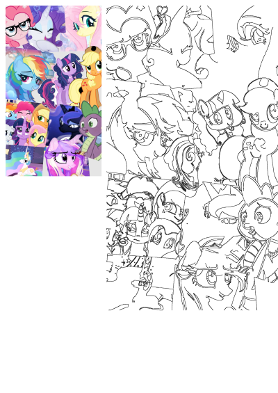 Colorful My Little Pony character collage with Twilight Sparkle, Rainbow Dash, and others, beside a detailed black and white coloring page.