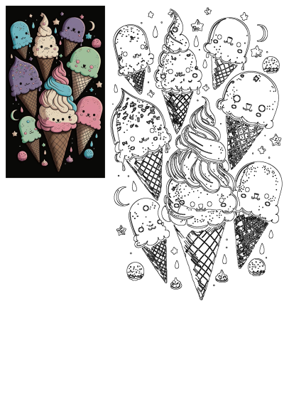 Colorful ice cream cones with cute faces, depicted as vibrant illustrations and line art outlines, adorned with sprinkles, stars, and moons.