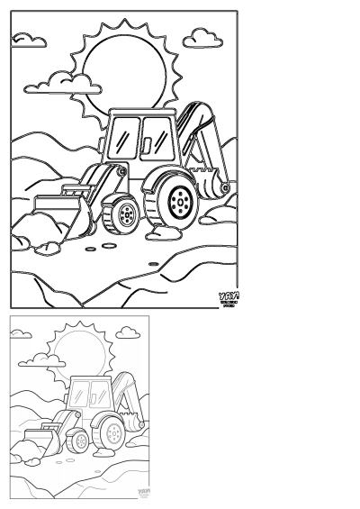 Black and white outline of a backhoe loader, a piece of construction equipment, digging in a hilly landscape under a bright sun and clouds.