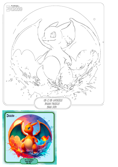 A vibrant Charizard Pokemon in Dazzle Art style, featuring dynamic splashes of colorful water and fiery effects.