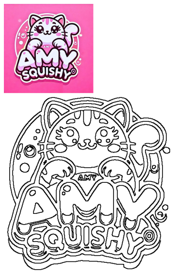 Amy Squishy kawaii cat logo with pink background, featuring a cute feline mascot and its black outline coloring page version.