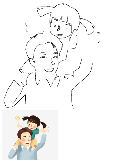 Line art drawing of a happy father giving his daughter a shoulder ride, she joyfully holds a lollipop.