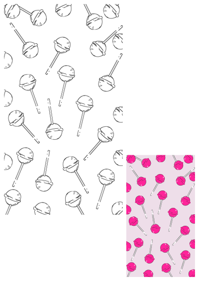 A vibrant seamless pattern featuring scattered pink lollipops with white sticks on a soft light purple background, ideal for sweet treat themes.