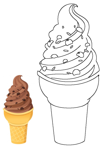 A delicious chocolate chip ice cream cone in a waffle cone, displayed next to a black and white outline drawing.